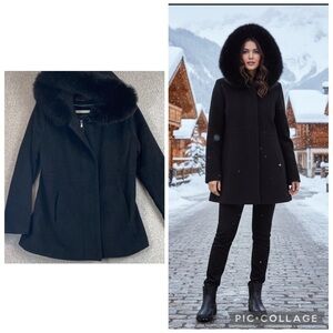 Sachi wool coat fox trim hood womens PM mid length black zip close minimalist